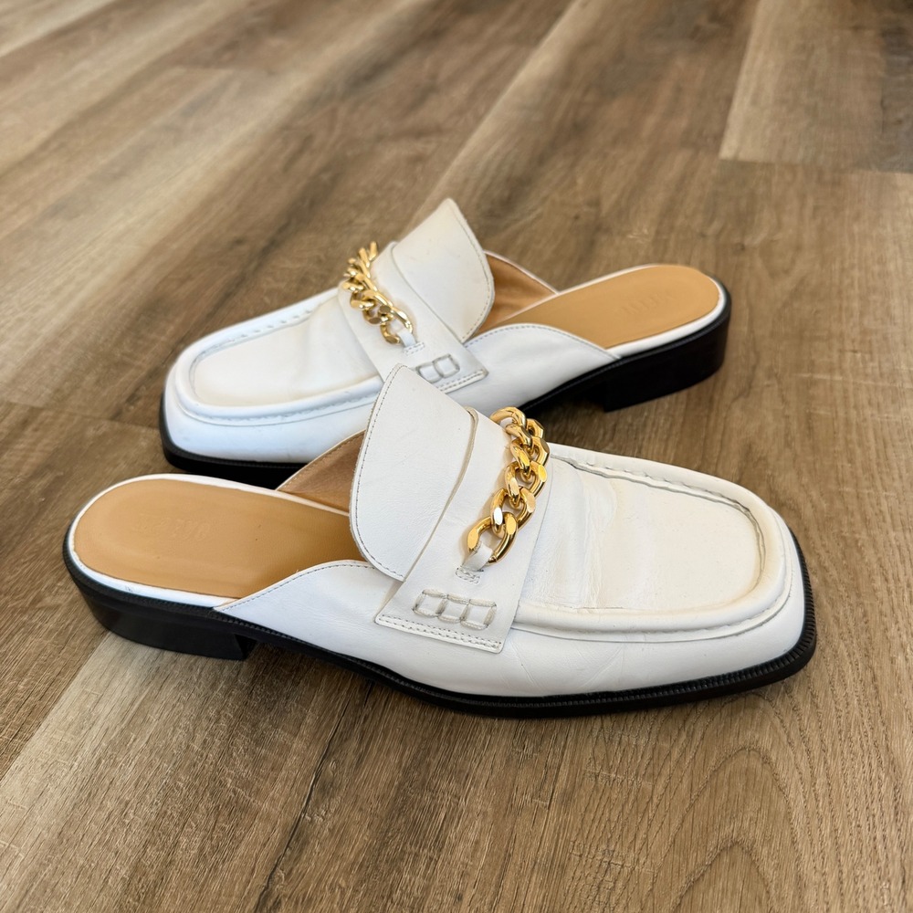 Maeve Anthropologie White Leather Chain Mule Loafers Square Toe Slides 40 US 9